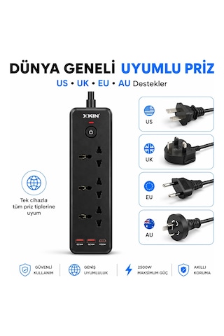 Bychie Xkin 2500w Akım Korumalı Priz 6 Lı Usb-c Pd 30w 0.1 M