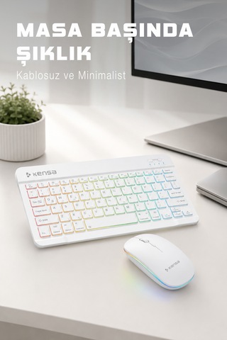 Tablet Ve Bilgisayar İçin Rgb Led Işıklı Taşınabilir Kablosuz Bluetooth Klavye Ve Dongle'lı Mouse Seti Beyaz