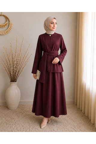 Efulim Womens Sade Broşlu Kuşaklı Alt-üst İkili Tesettür Takım Mürdüm