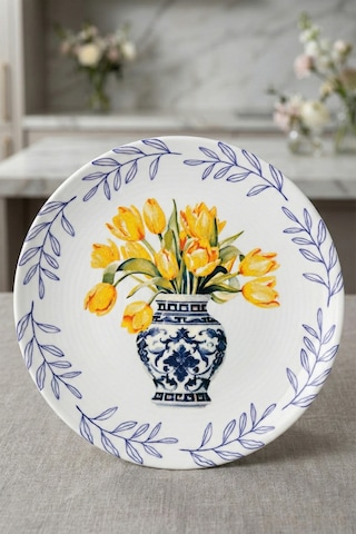 Grandora Vazo Ve Çiçek Desenli 6 Adet, 20 Cm Modern Pasta Tatlı Tabağı Seti Şık Kahvaltılık Tabak Sarı