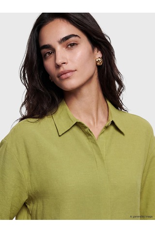 Lcw Vision Yeşil Keten Karışımlı Oversize Kadın Gömlek