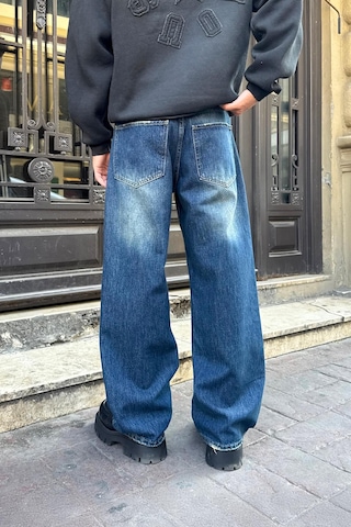 Flaw Yıkamalı Çizgili Baggy Jean Mavi Mavi