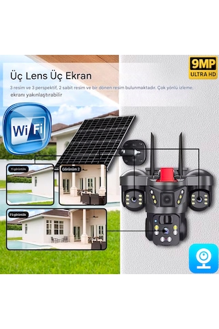 V380 Pro On-sw2366 Wifi 9mp Üç Kameralı Ultrahd Güneş Enerjili Akıllı Güvenlik Kamerası
