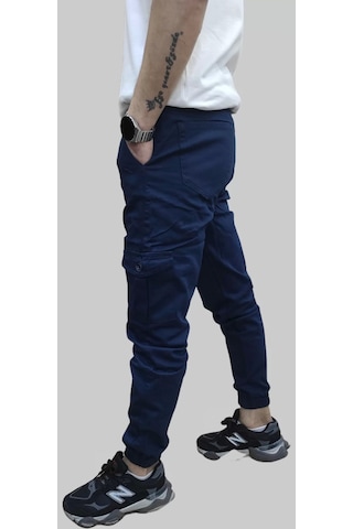 Erkek Jogger Beli Ve Paçası Lastikli Keten İndigo Kargo Pantolon İndigo
