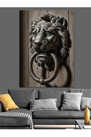 Ahşap Tablo Aslan Başlı Kapı Tokmağı