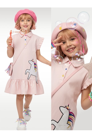Denokids Kız Çocuk Elbise Unicorn Aplikeli %100 Pamuk Gömlek Stil Elbise 4-9 Yaş Çok Renkli