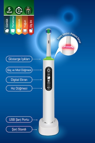 Kiwi Ktb-6540 Şarjlı Diş Fırçası 5 Farklı Mod & Lcd Ekran Beyaz Şarjlı