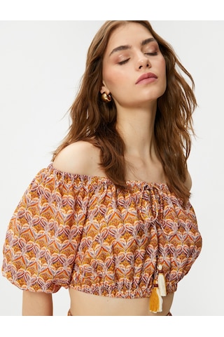 Koton Crop Bluz Etnik Baskılı Lastik Detaylı Kahverengi Desenli 3sak60175ew