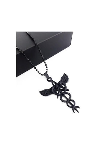 Bijustore Mat Siyah Erkek Yılan & Kuru Kafa & Pagan Yıldızı Kolye Gümüş