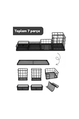 Temel Siyah Metal Mesh Modüler Masaüstü Organizer Seti 7 Parça 38x10 Cm 9515b
