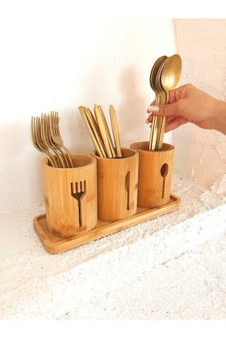 Bambu Altlıklı 3'lü Çatal Kaşık Bıçak Düzenleyici Set 4 Parça Bambu