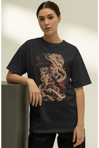 Unisex Oversize Gaara Naruto Anime Karakter Ön Baskılı Premium Ti Siyah