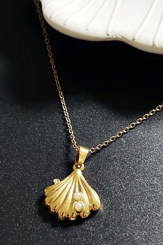 İncili, İstiridye Paslanmaz Çelik Kolye 410, Altın Renk Altın