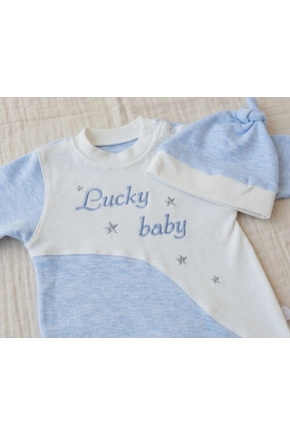 Biçomi Lucky Baby Pamuklu Antialerjik Kendinden Şapkalı Pratik Erkek Bebek Tulumu Mavi