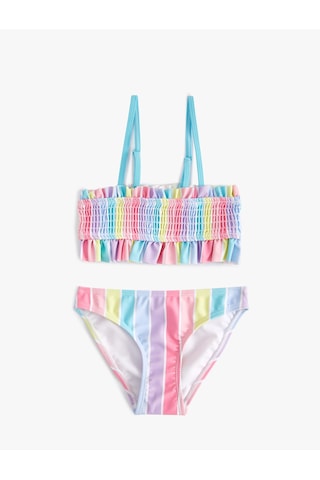 Koton Çizgili Bikini Takımı Fırfırlı İnce Askılı Multıcolor 4skg00014mm Mavi