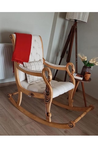 Asedia Vintage Kuğu Naturel Krem El Oyması Ahşap Sallanan Sandalye Dinlenme Koltuğu