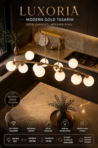 Modern 10lu Eskitme Uzun Sarkıt Avizesi Salon Mutfak Odası Yemek Masası Üstü Şık Modelleri 120x70 Cm Gold