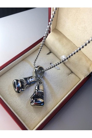 Çift Boks Eldiveni Metalik Çelik Kolye Işıklı Kutuda Sevgiliye Eşe Babaya Kolye Beyaz