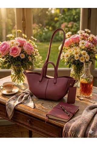 Housebags Valentina Kadın Fermuarlı + Cüzdan Charm El Ve Omuz Çantası Bordo