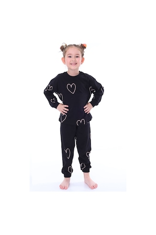 Zuzunga Minik Kalpler Desenli %100 Pamuk Kız Çocuk Pijama Takımı Siyah