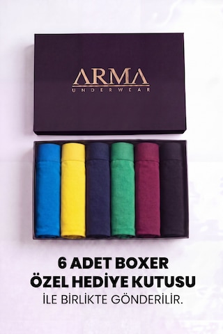 Arma Yıldız Erkek Premium Bambu Renkli Boxer 6'lı Hediye Kutulu Damat Bohçası Ve Çeyiz Seti Mavi Sarı Laci Yeşil Bordo Siyah