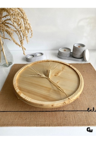 Yuvarlak Doğal Ahşap Sunum Tabağı Ayaklı Çukur Ahşap Sunumluk Beyaz Çam Çap:28cm Yük:6,5cm Ş