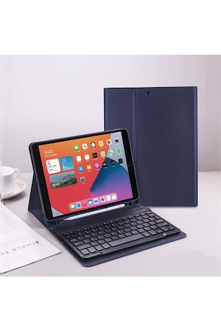 Apple Uyumlu iPad Pro 4 Nesil M2 2022 11 Inç Bluetooth Klavyeli Kılıf Kalem Bölmeli Türkçe Klavye Lacivert