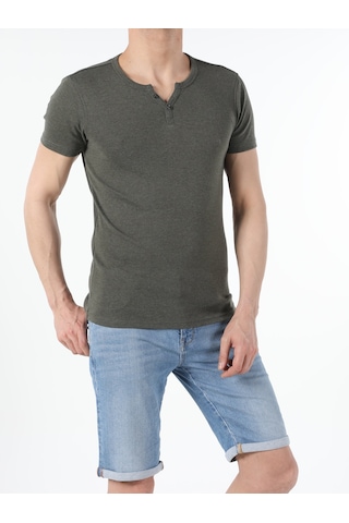 Colin'S Slim Fit Placket Neck Basic Haki Erkek Kısa Kol Tişört Cl1040245_Q1.V2_Kml Haki