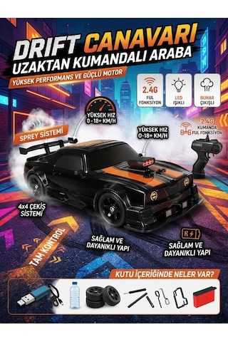 4x4 Uzaktan Kumandalı Drift Arabası 18 Km Hız Işıklı Ve Buharlı Değiştirilebilir Tekerli 1/16 Siyah