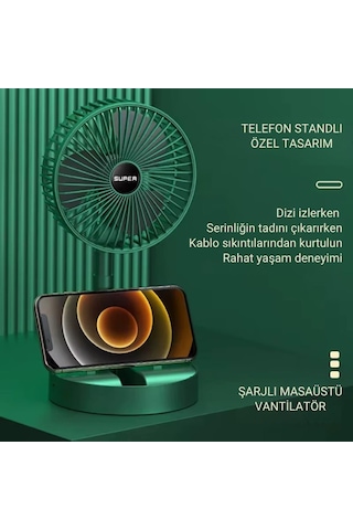 Coofbe Teleskopic 1200mah Şarjlı 3 Hız Modlu Masaüstü Vantilatör Fan Ev Ofis Masaüstü Vantilatör Fan