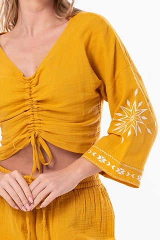 Uzun Kol Günışığı Büzgü Detaylı Yazlık Müslin Bluz Hardal Hrd-hardal