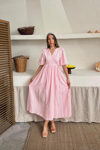 Hazego Pembe Müslin Uzun Elbise Pembe