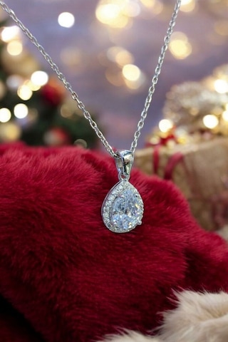 Modagümüşevi 925 Ayar Gümüş Pırlanta Tasarım Damla Kolye, Gümüş Kadın Kolye, Gümüş Kolye