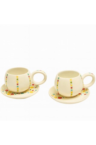 Dekorasyaa Duble 2'li Seramik Kahve Fincan Takımı - 150ml - Renkli Benek Desenli Beyaz