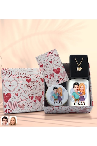 BK Gift Sevgiliye Özel Karikatürlü Kutuda Hediye Seti, Kupa Bardak, Sevgili Hediyesi, İsimli Papatya Kolye, Kokulu Mum,Yıl Dönümü Hediyesi-2