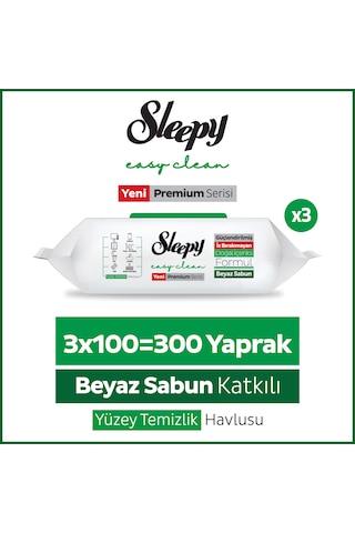 Sleepy Easy Clean Premium Beyaz Sabun Katkılı Yüzey Temizlik Havlusu Mendili 3x100 (300 Yaprak)