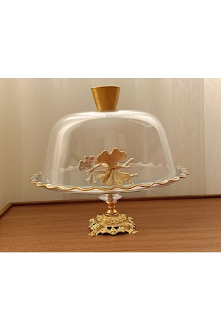 Elta Collection Gold Metal Ayaklı Cam Kapaklı Kek - Pasta Stantı Fanus Kelebekli