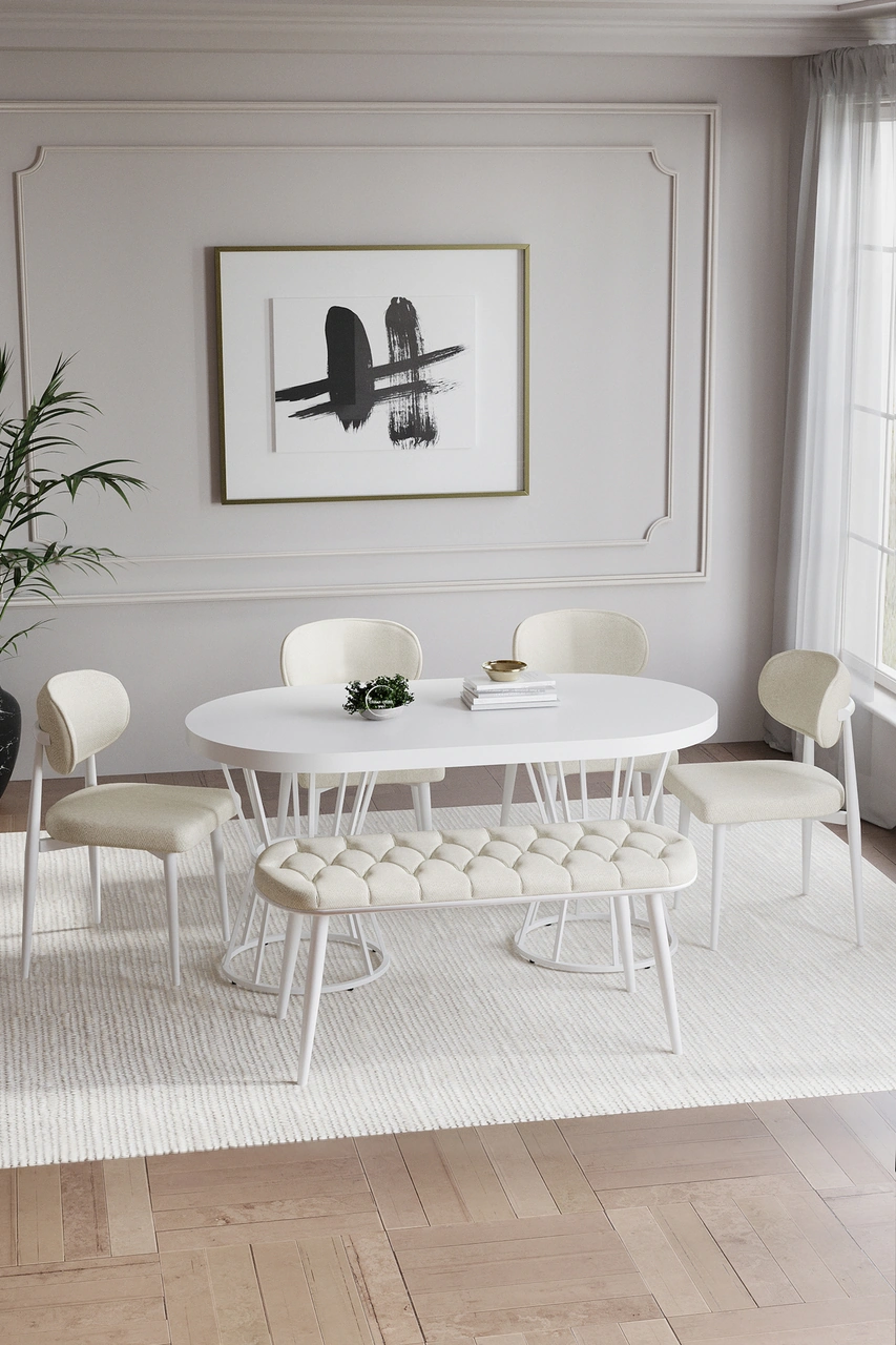 Bohem Polo Mutfak Masası Takımı 6 Kişilik Bencli Beyaz Krem