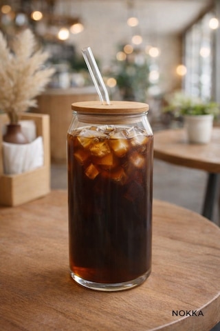 Bambu Kapaklı Pipetli Borosilikat Bardak, Kahve Bardağı, Isı Dayanıklı Bardak, 600 Ml Renksiz