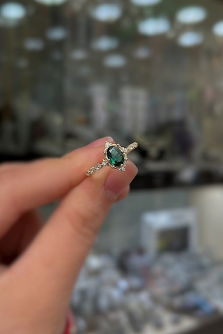 925 Ayar Gümüş Rose Gold Oval Kesim Yeşil Taşlı Vintage Tasarım Kadın Yüzük Sarı