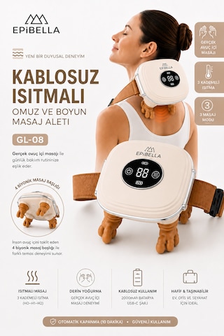 Gl-08 Kablosuz Isıtmalı Boyun Ve Omuz Masaj Aleti Şarjlı Derin Yoğurma Masaj Cihazı 3 Kademeli Beyaz