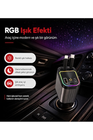 66w Geri Çekilebilir 4'ü 1 Arada Araç Şarj Cihazı Type-c Lightning 01