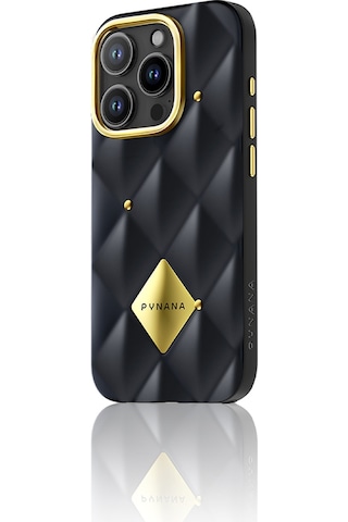 Apple Uyumlu iPhone 16 Pro Kılıf Parlak Arka Yüzeyli Kabartma Kapitone Pynana Metal Diamond Serisi Kapak Siyah