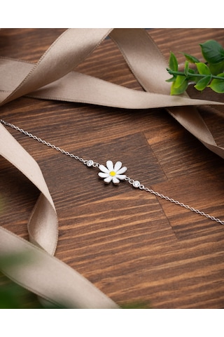 925 Ayar Rodyum 3 Boyutlu Mineli Papatya Gümüş Bileklik Gümüş - Rodyum