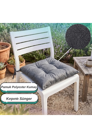 2'li Set 45x45 Cm Antrasit Bağcıklı Sandalye Minderi - Pamuk Polyester Kumaş Kırpıntı Süngerli Bahçe Ve Mutfak Sandalye Minderi Antrasit - Gri