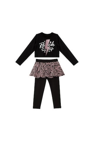 Denokids Mshb&g Rock Life Kız Çocuk Siyah Crop-top T-shirt Zebra Desenli Tayt Takım Siyah - Pembe