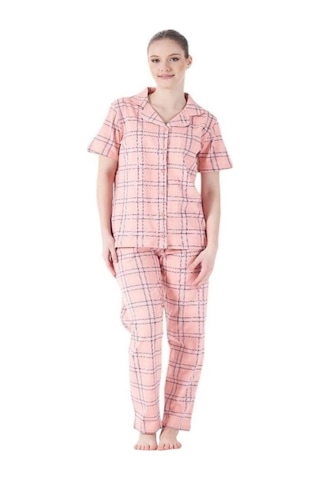 Estiva Kareli Desen Önden Düğmeli Bayan Pijama Takım Pembe