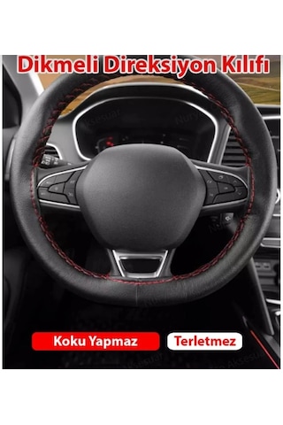 Otomobil Siyah Düz Suni Deri Kırmızı İpli Dikmeli Direksiyon Kılıfı Çok Renkli