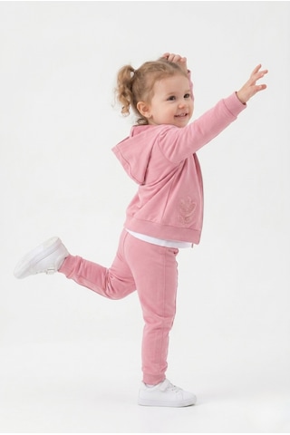 Toontoy Kids Toontoy Kız Çocuk 3'lü Eşofman Takımı Uzun Kollu Bisiklet Yaka Nakışlı T-shirt - Kapüşonlu Fermuarlı Hırka- Beli Paçası Lastikli Eşofman Altı 25041 Gülkurusu