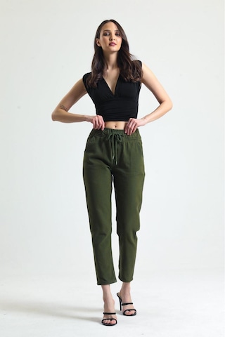 Kene Jeans Kadın Haki Beli İpli Kemer Lastik Keten Mom Pantolon Haki